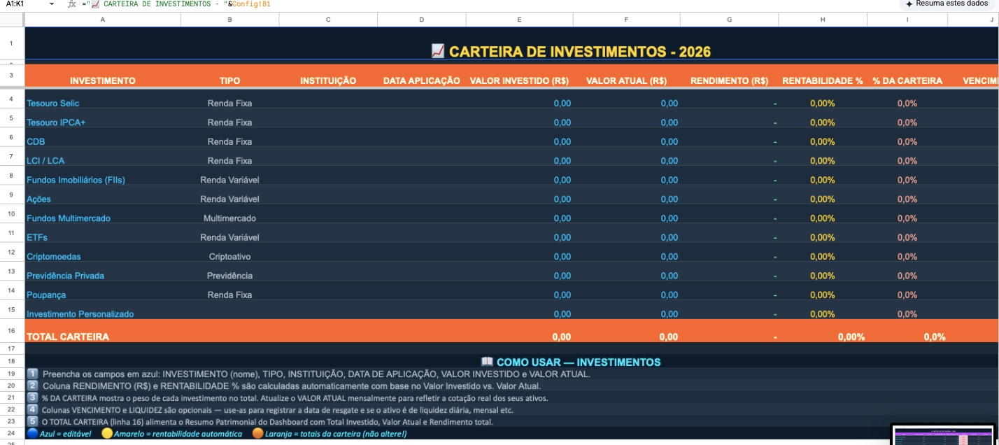 Aba de carteira de investimentos