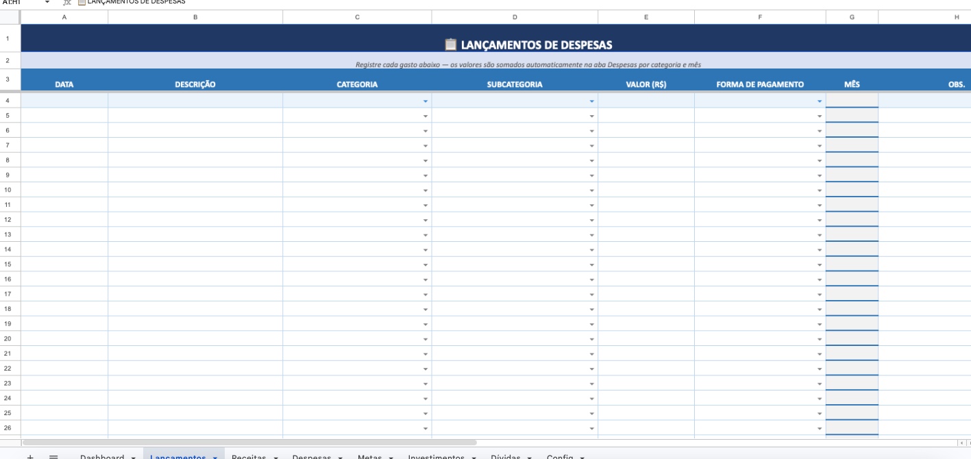 Aba de lançamentos de despesas